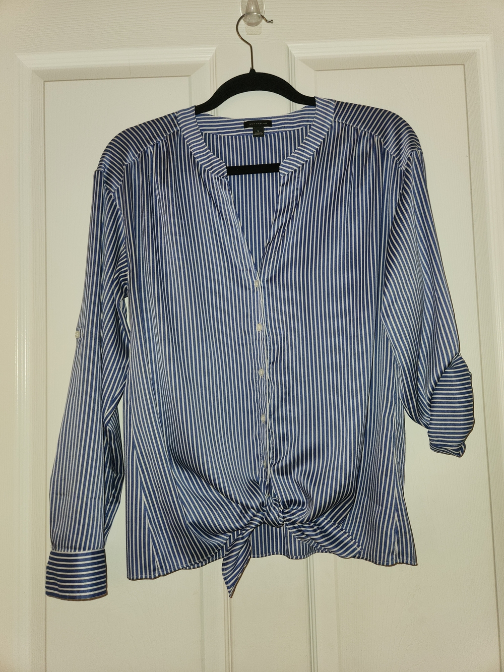 Ann Taylor Blue and White Vertical Stripe Button-Down Tie Front Top